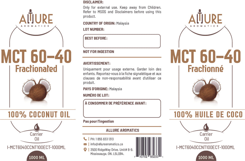 MCT 60/40 fractionated 100% Coconut Oil Verified by ECOCERT - Allure Aromatics